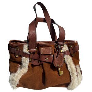 Fossil Adrina Tote – Large Tan Saddle Brown Genuine Leather + Faux Fur